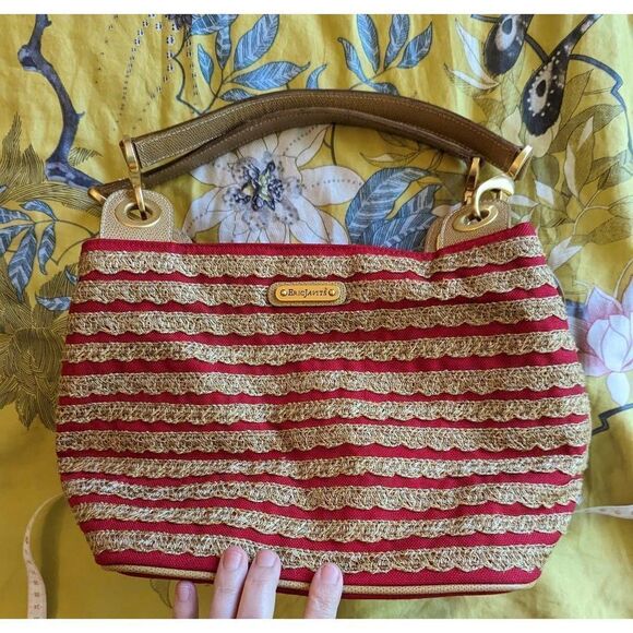 Eric javits tan and red canvas knit wicker basket weave bag euc - Picture 1 of 7